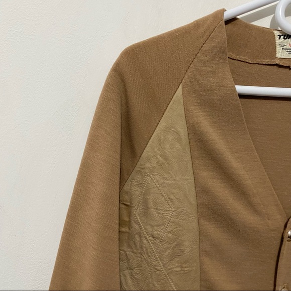 Vintage 70s Suede Knit Cardigan Sweater Patchwork Detail Camel Tan V-Neck M/L - Picture 5 of 15